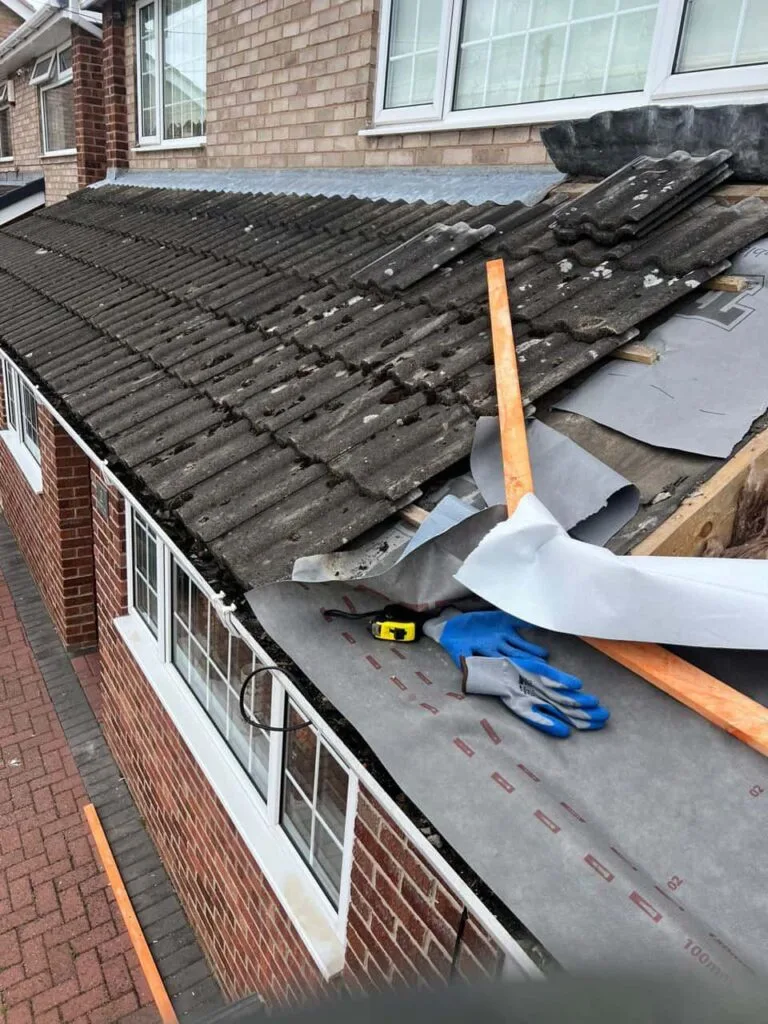 This is a photo of a pitched roof which is being repaired. The existing roof was leaking badly. Works carried out by Sudbury Roofing Repairs